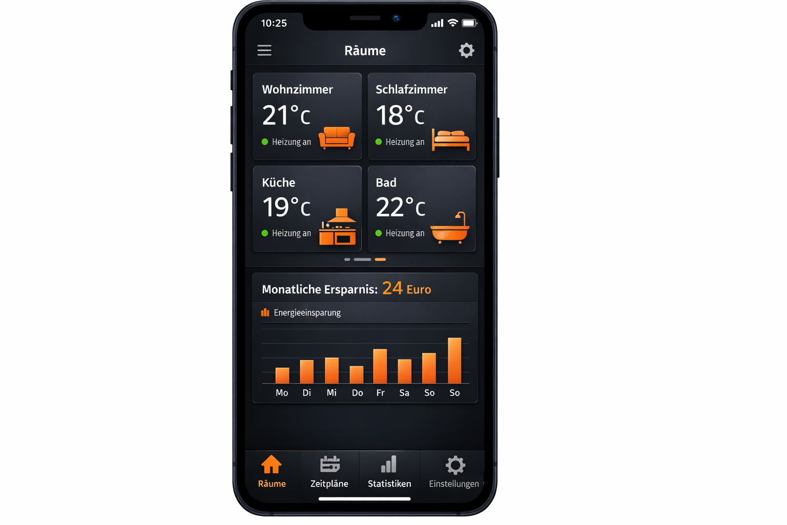 Smartphone-App Interface für smarte Thermostat-Steuerung mit Raumtemperaturen und Kosteneinsparungen