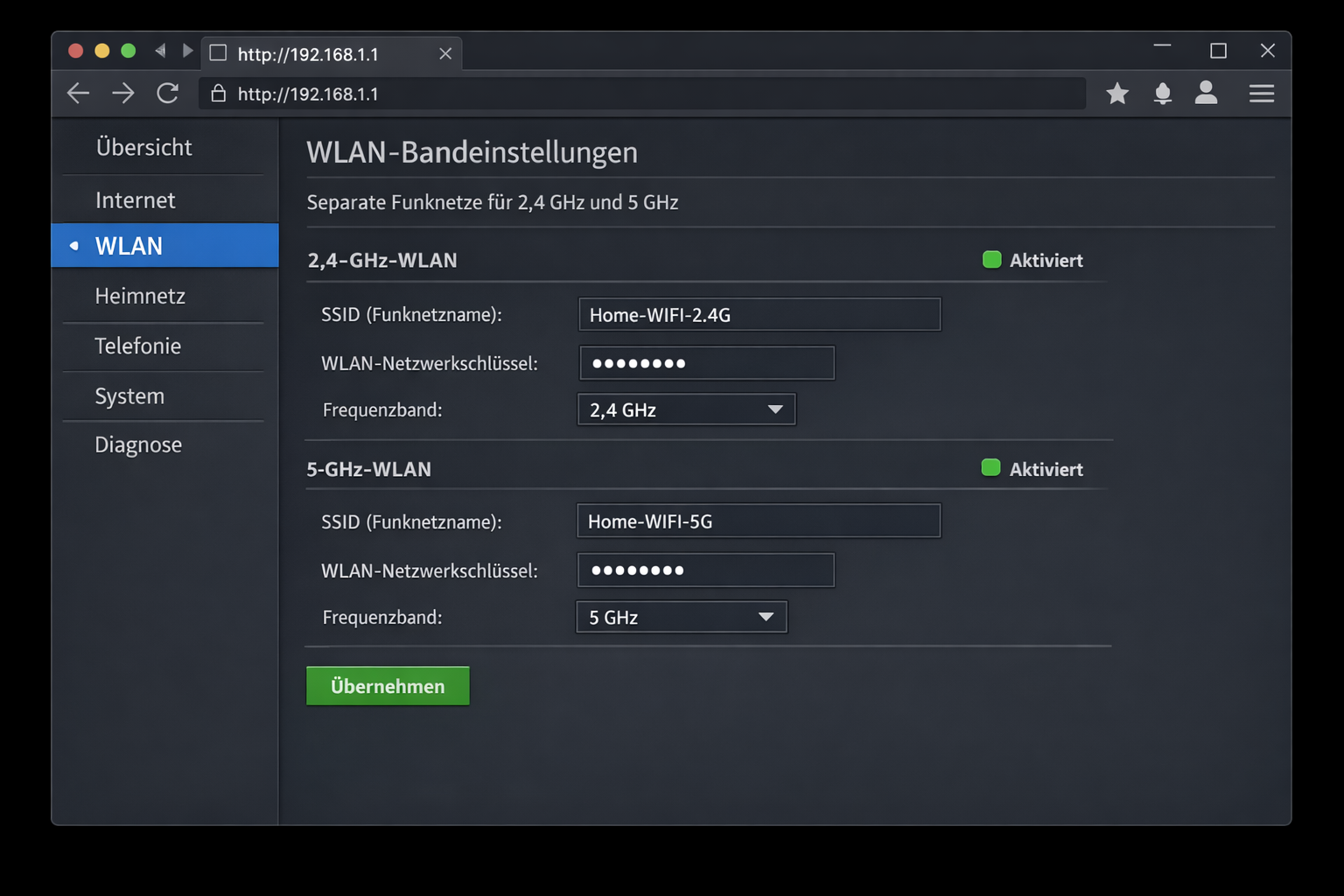 Router Einstellungen Screenshot - WLAN Frequenzbänder getrennt konfigurieren für Smart Home Stabilität