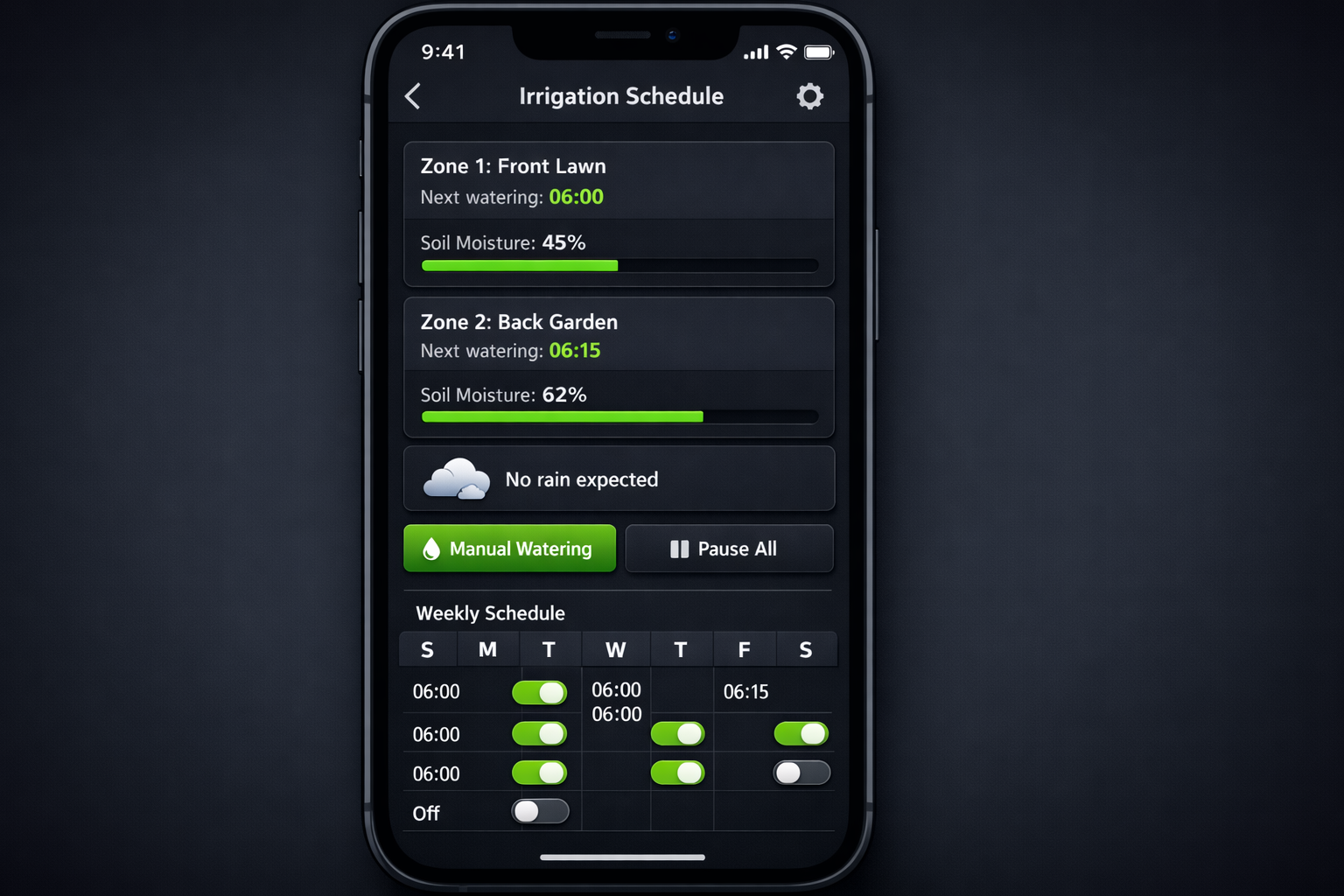 Bewässerungs-App Interface mit Zeitplan und Bodenfeuchtigkeit-Anzeige auf Smartphone