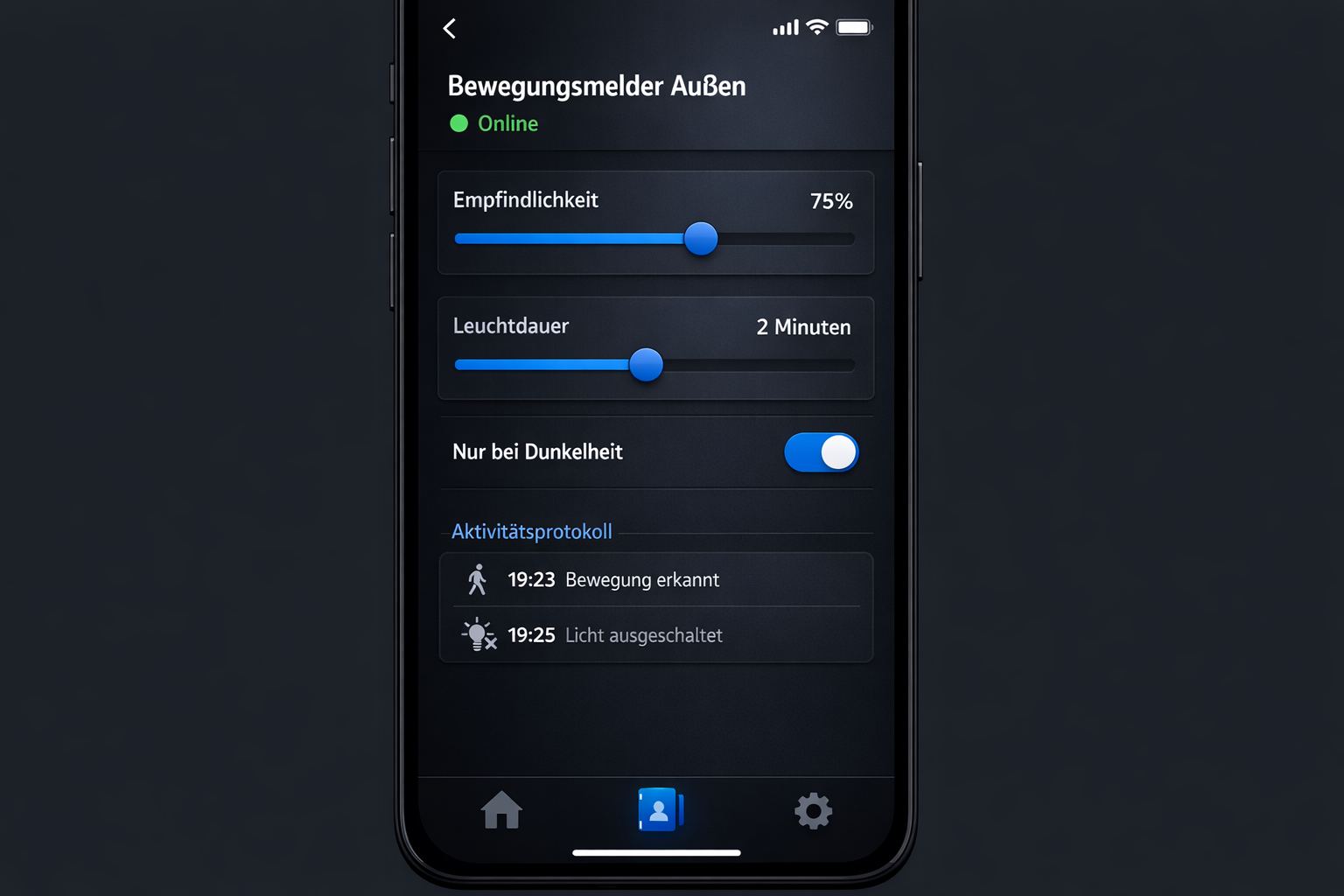 Smartphone App zeigt Bewegungsmelder Einstellungen mit Empfindlichkeit, Leuchtdauer und Aktivitätsprotokoll