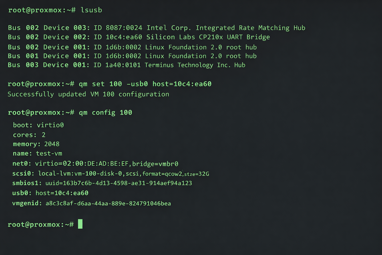 Proxmox Terminal Screenshot: USB-Passthrough Konfiguration für Home Assistant VM