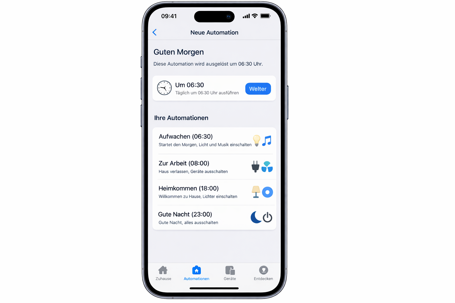 iOS Home-App Screenshot mit HomeKit Automation Setup für Tagesabläufe