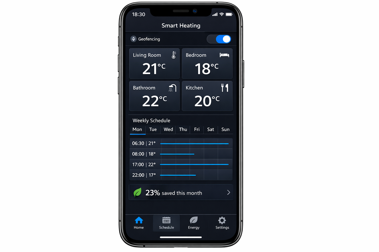 Smart Heating App Interface mit Raumtemperatur-Steuerung und Energiespar-Statistiken