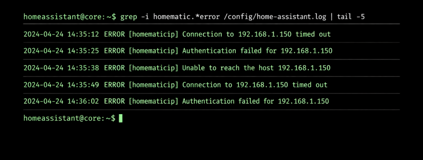 Home Assistant Terminal Log-Analyse für Homematic IP Verbindungsfehler