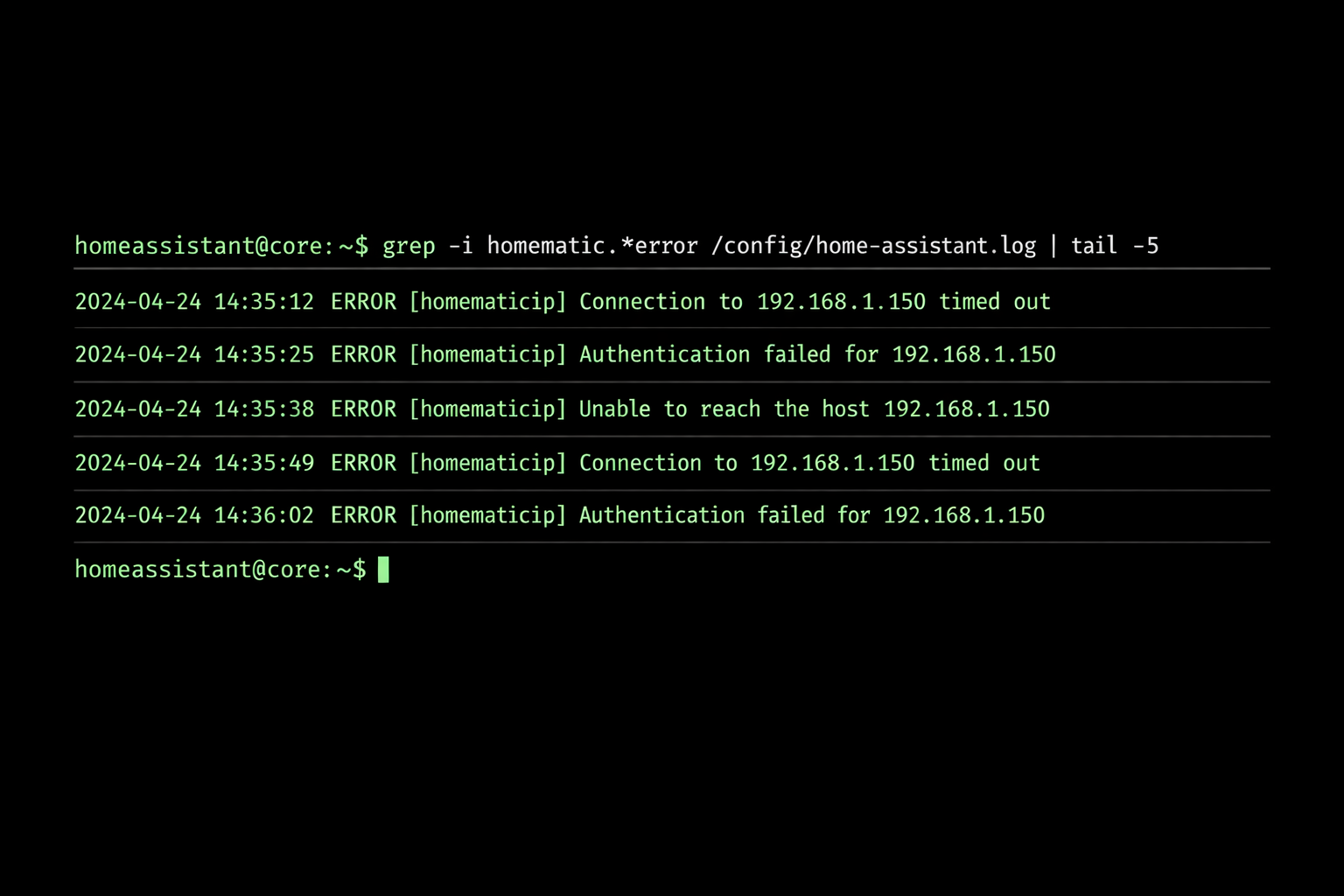 Home Assistant Terminal Log-Analyse für Homematic IP Verbindungsfehler