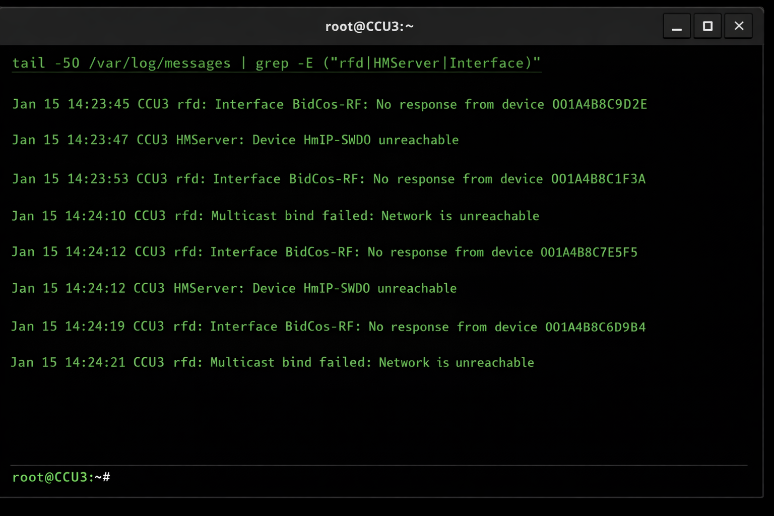 CCU3 Terminal zeigt Systemlog mit VLAN-bedingten Kommunikationsfehlern