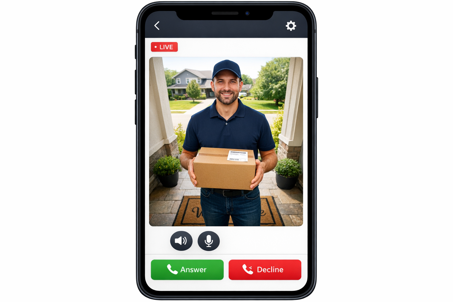 Smartphone-App zeigt Live-Video vom Paketboten vor der Haustür mit Gegensprechfunktion