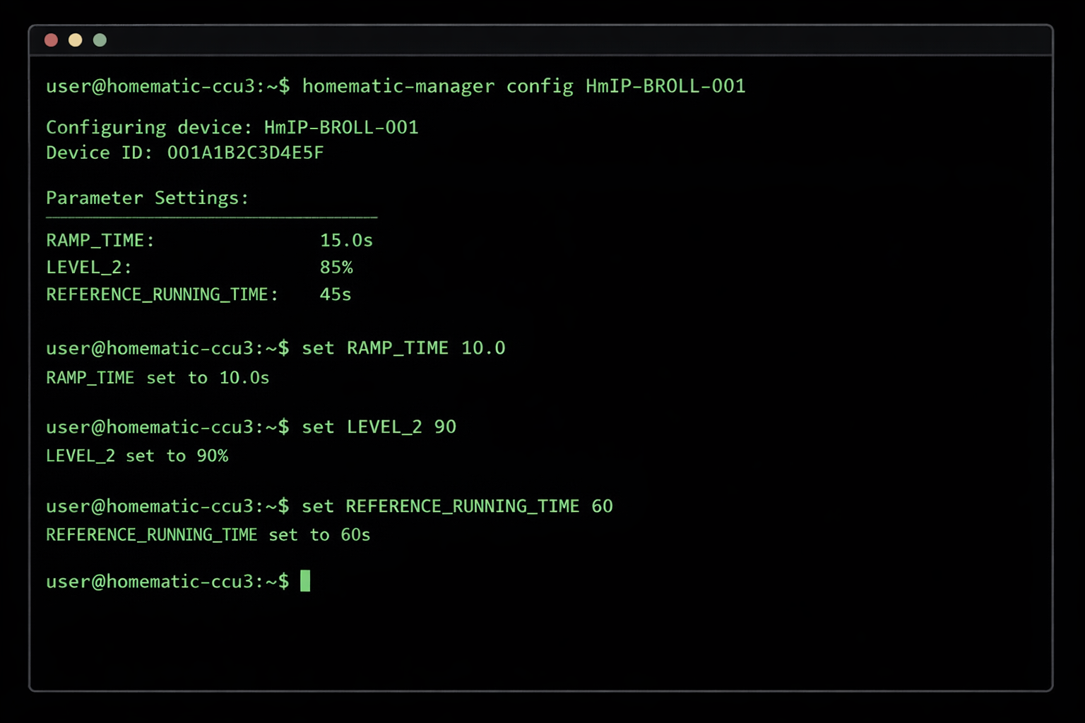 Homematic CCU3 Terminal-Interface zeigt HmIP-BROLL Konfigurationsparameter für Rollladensteuerung