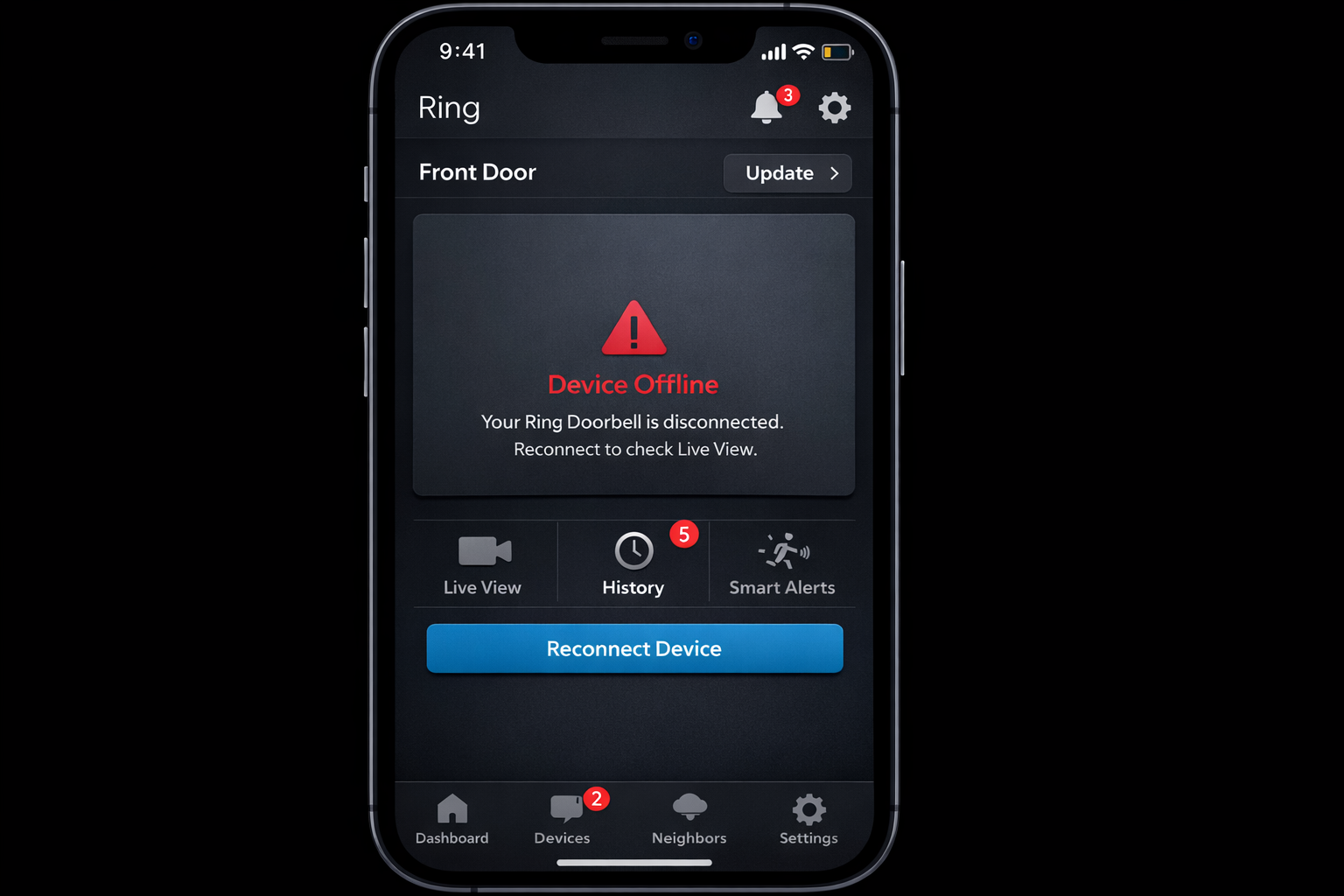 Ring Doorbell App Screenshot zeigt Offline-Status und verpasste Benachrichtigungen