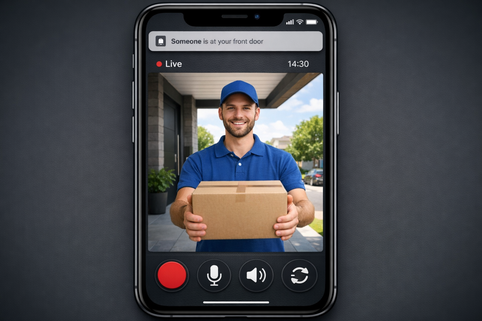 Smartphone App Interface einer Video-Türklingel mit Live-Übertragung und Bedienungselementen