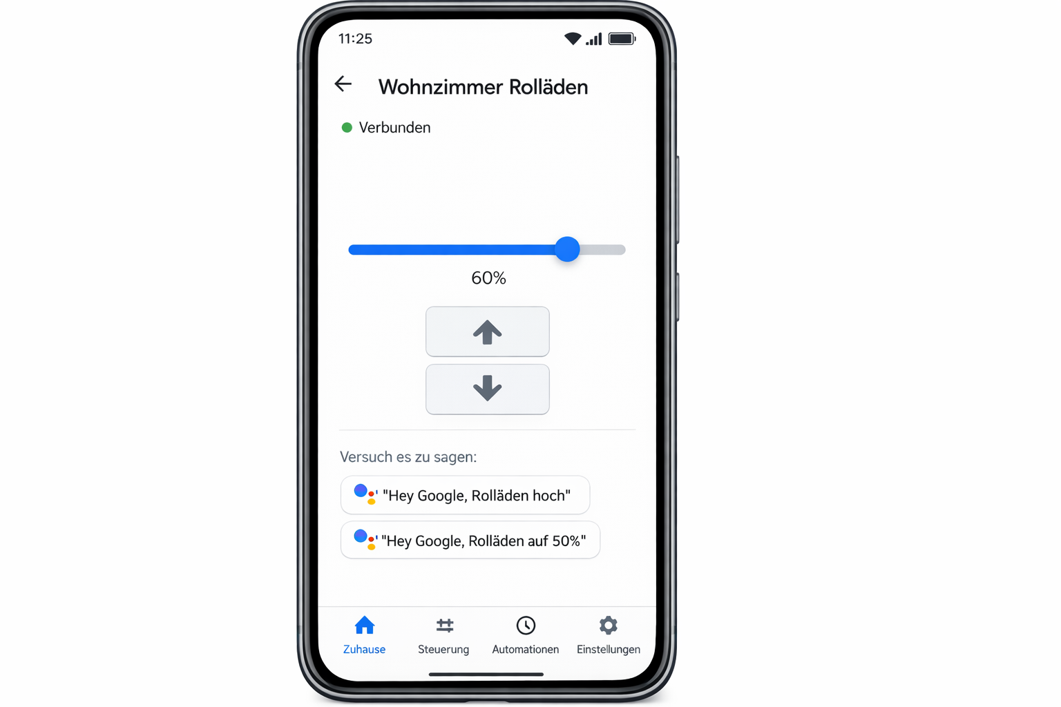 Google Home App Screenshot mit Rolladen-Steuerung und Sprachbefehlen