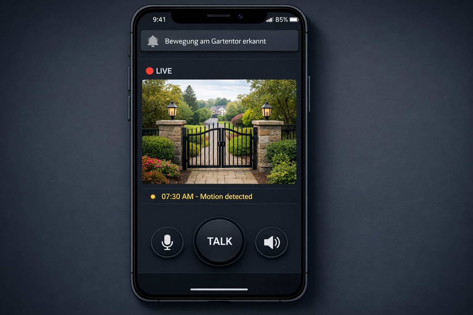 Smartphone-App mit Live-Video der SIM-Türklingel und Push-Benachrichtigung bei Bewegungserkennung