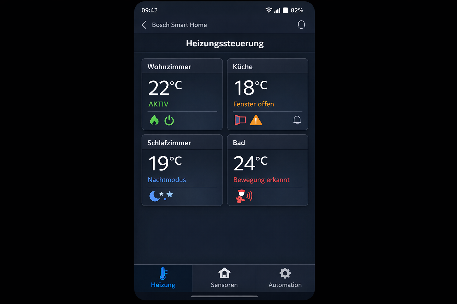 Bosch Smart Home App Screenshot mit Heizungssteuerung und Sensordaten verschiedener Räume