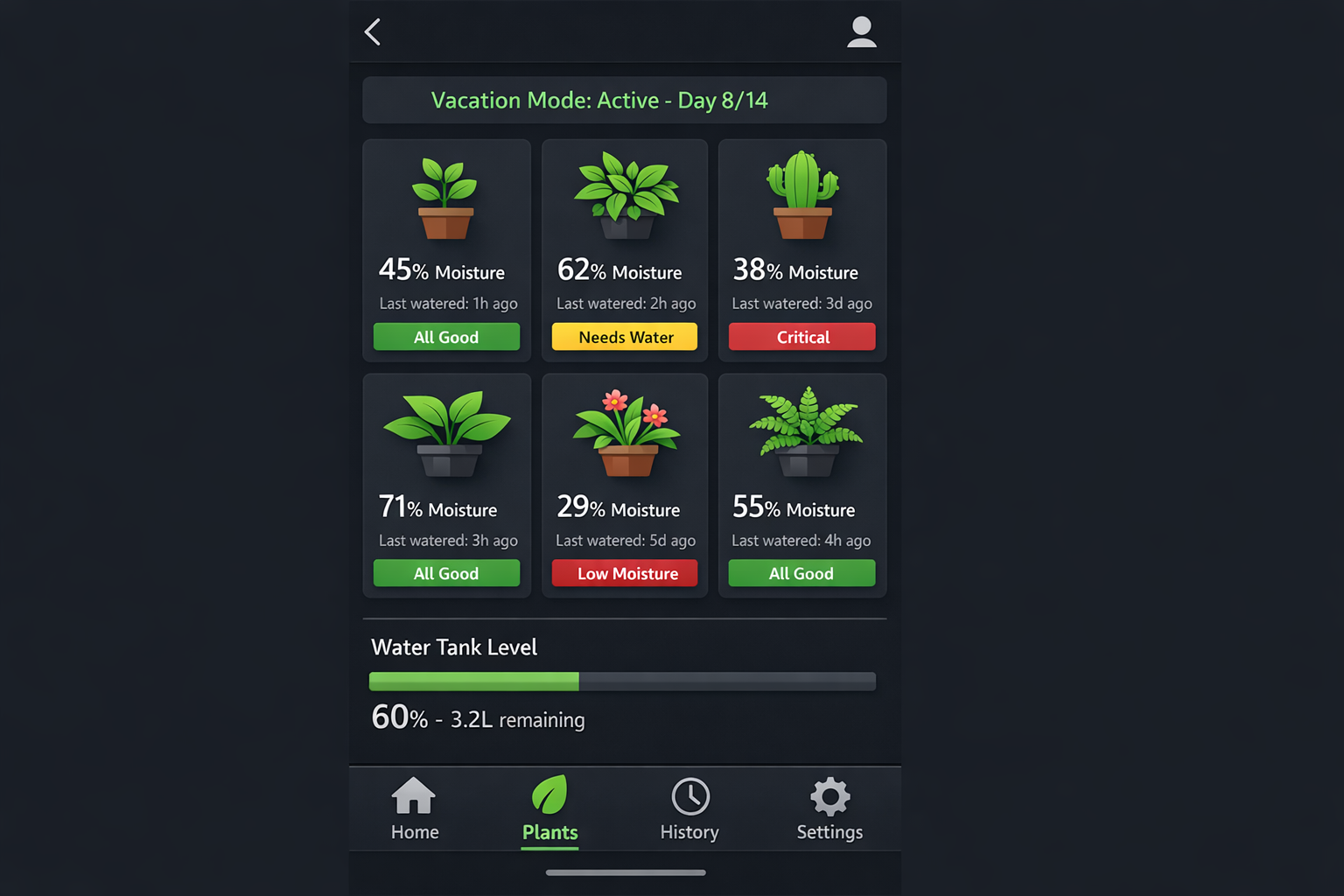 Xiaomi Mi Home App zeigt Feuchtigkeitswerte und Bewässerungsstatus von sechs Zimmerpflanzen während des Urlaubs