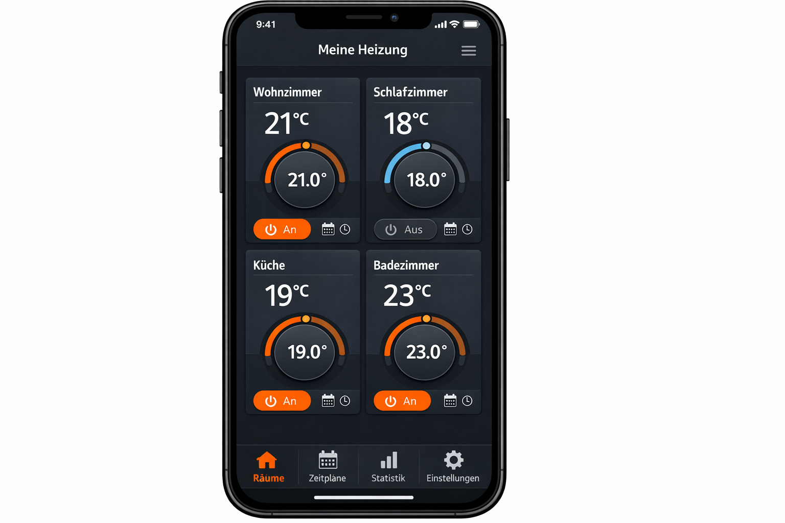 Heizungssteuerungs-App Screenshot mit Raumtemperatur-Übersicht und Bedienungselementen