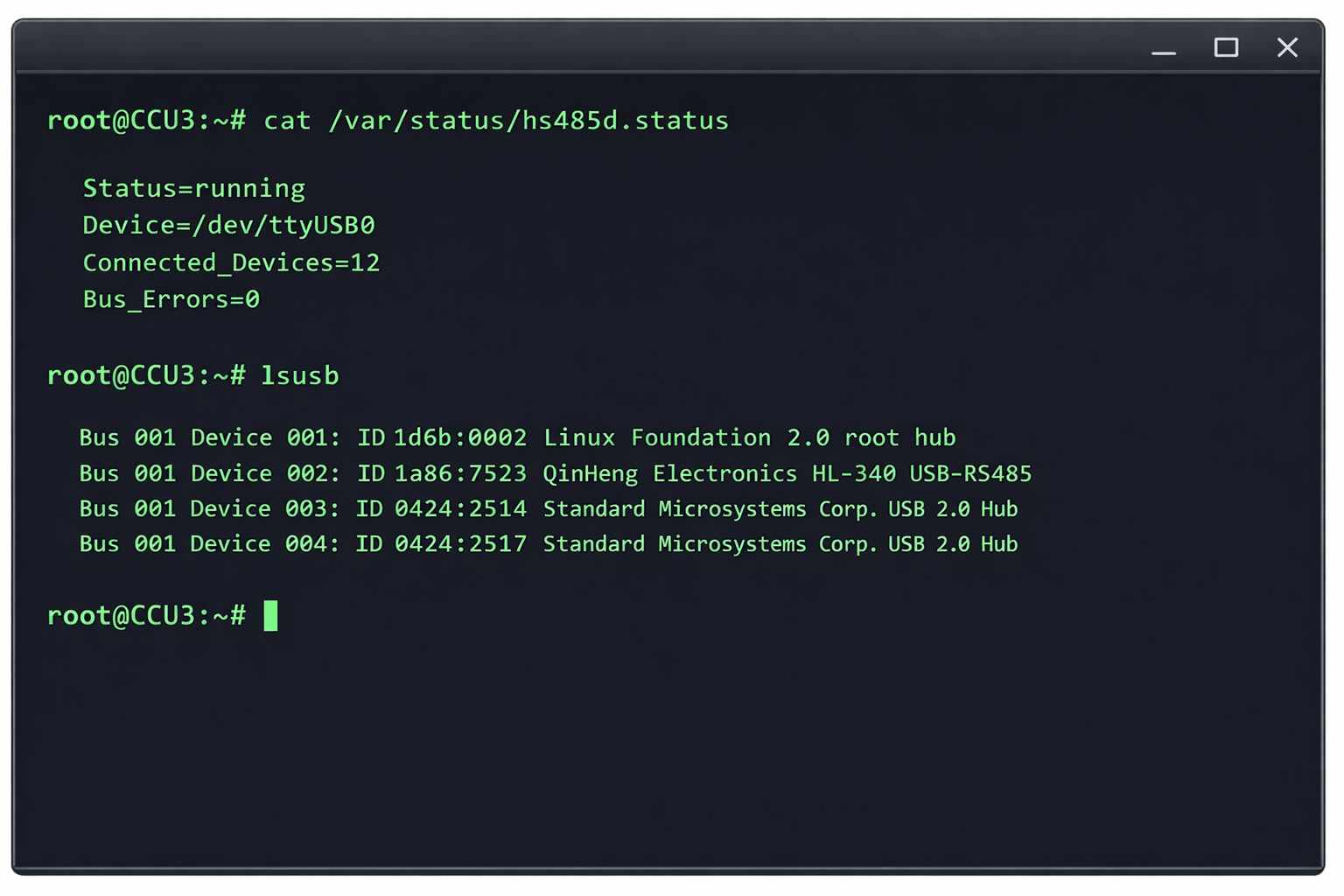 CCU3 Terminal Screenshot mit RS485 Status Diagnose Befehlen