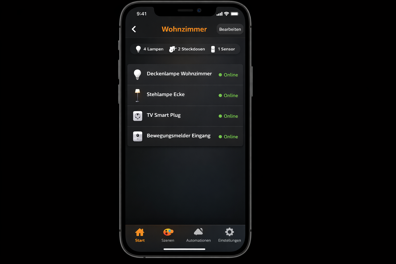 Philips Hue App Screenshot mit Smart Home Geräten für Mietwohnung ohne Bohren