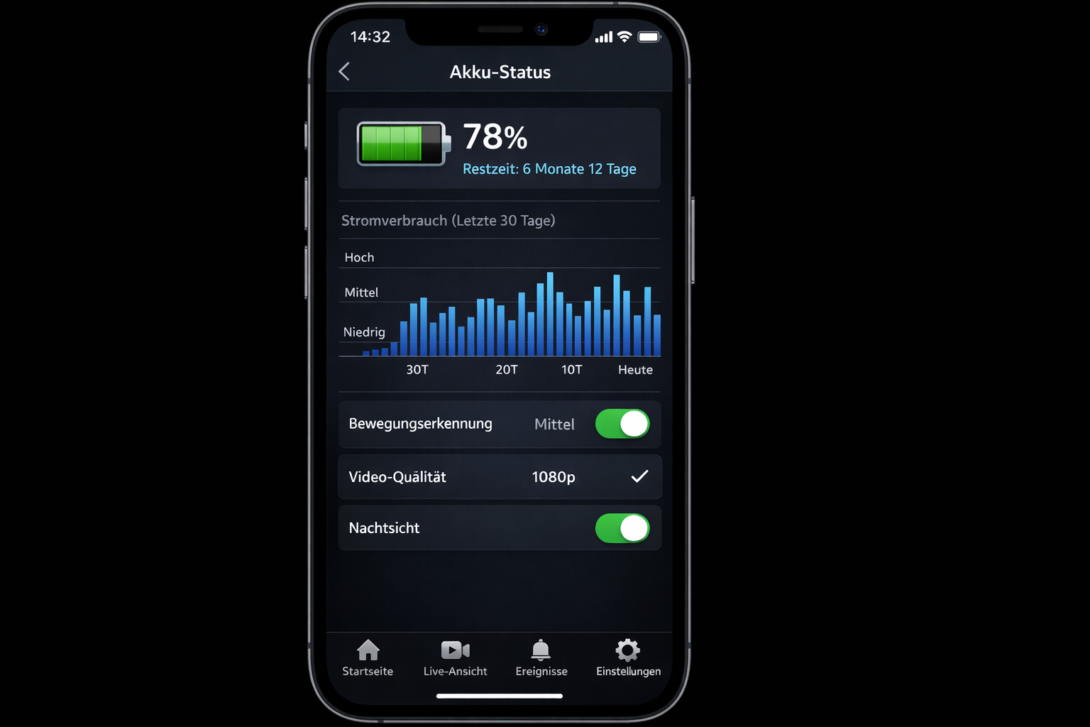 Smartphone App Screenshot mit Akku-Status und Energieverwaltung einer Video-Türklingel