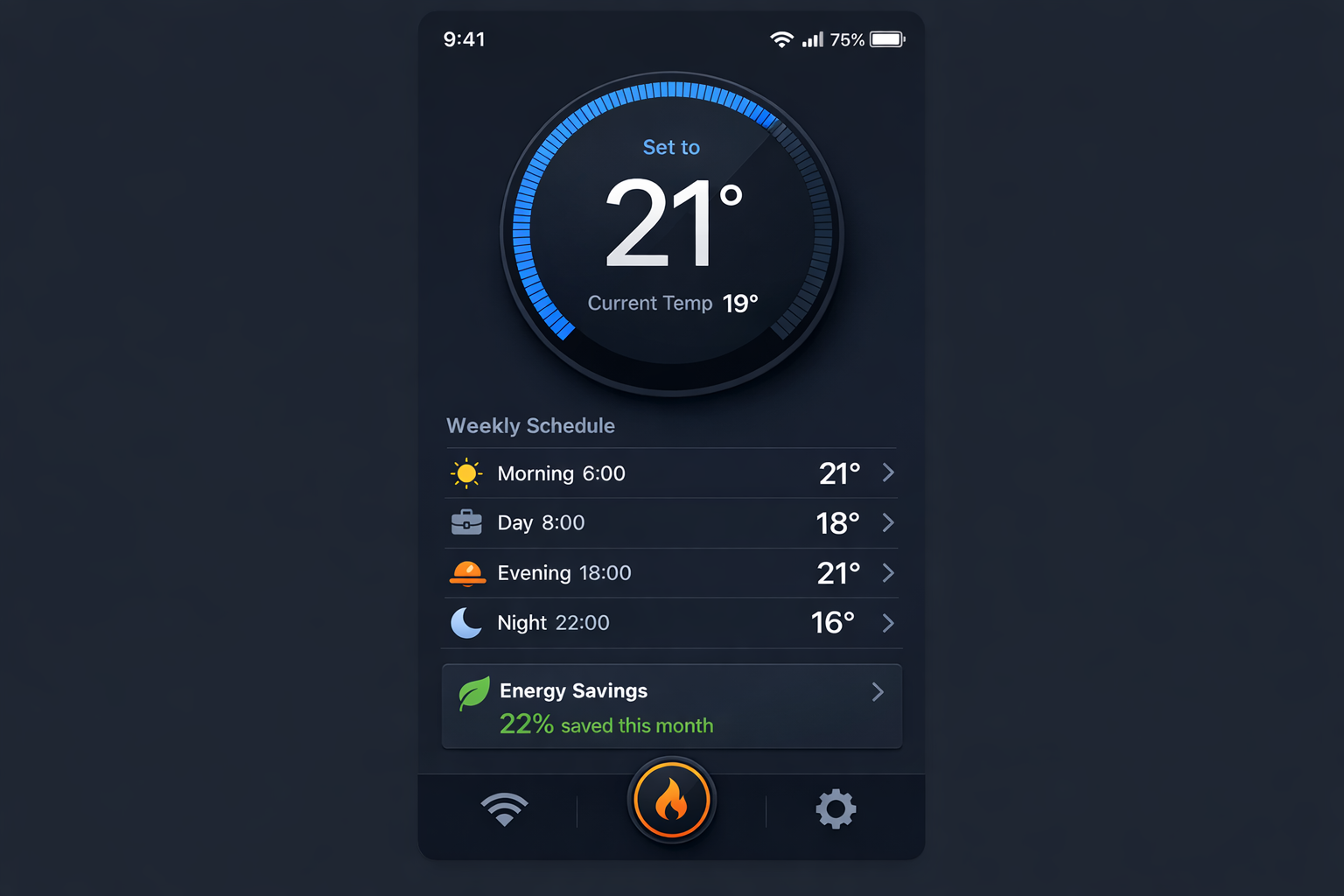 Smartphone App Interface für smartes Thermostat mit Temperatursteuerung und Zeitplan