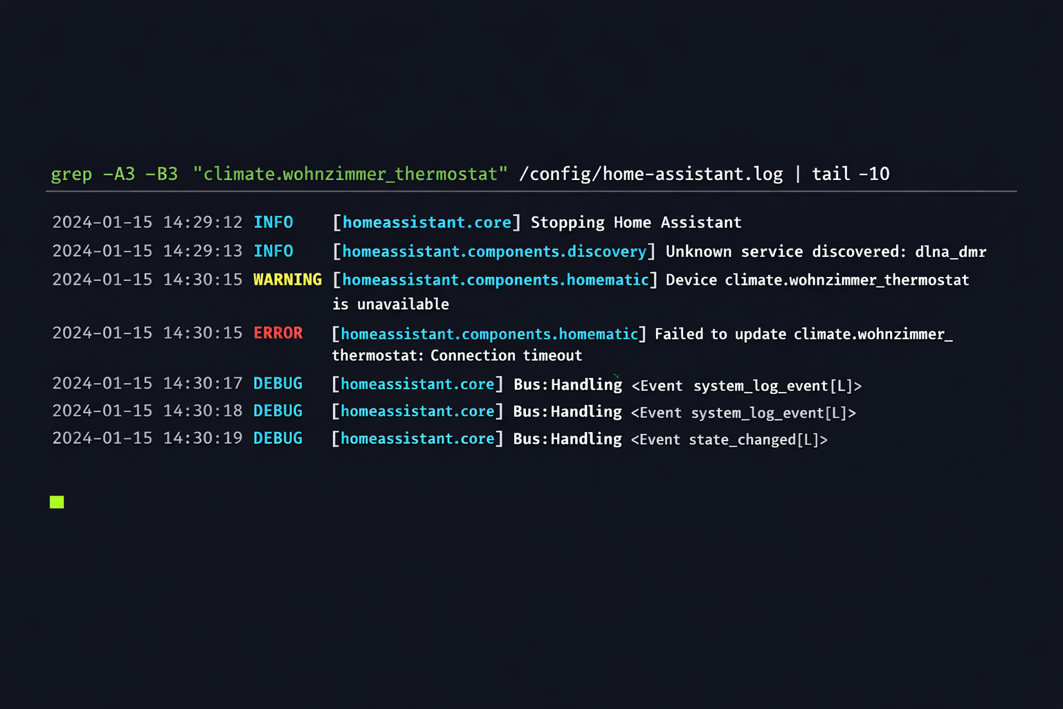 Terminal Screenshot zeigt Home Assistant Log-Analyse für Homematic Thermostat Verbindungsfehler