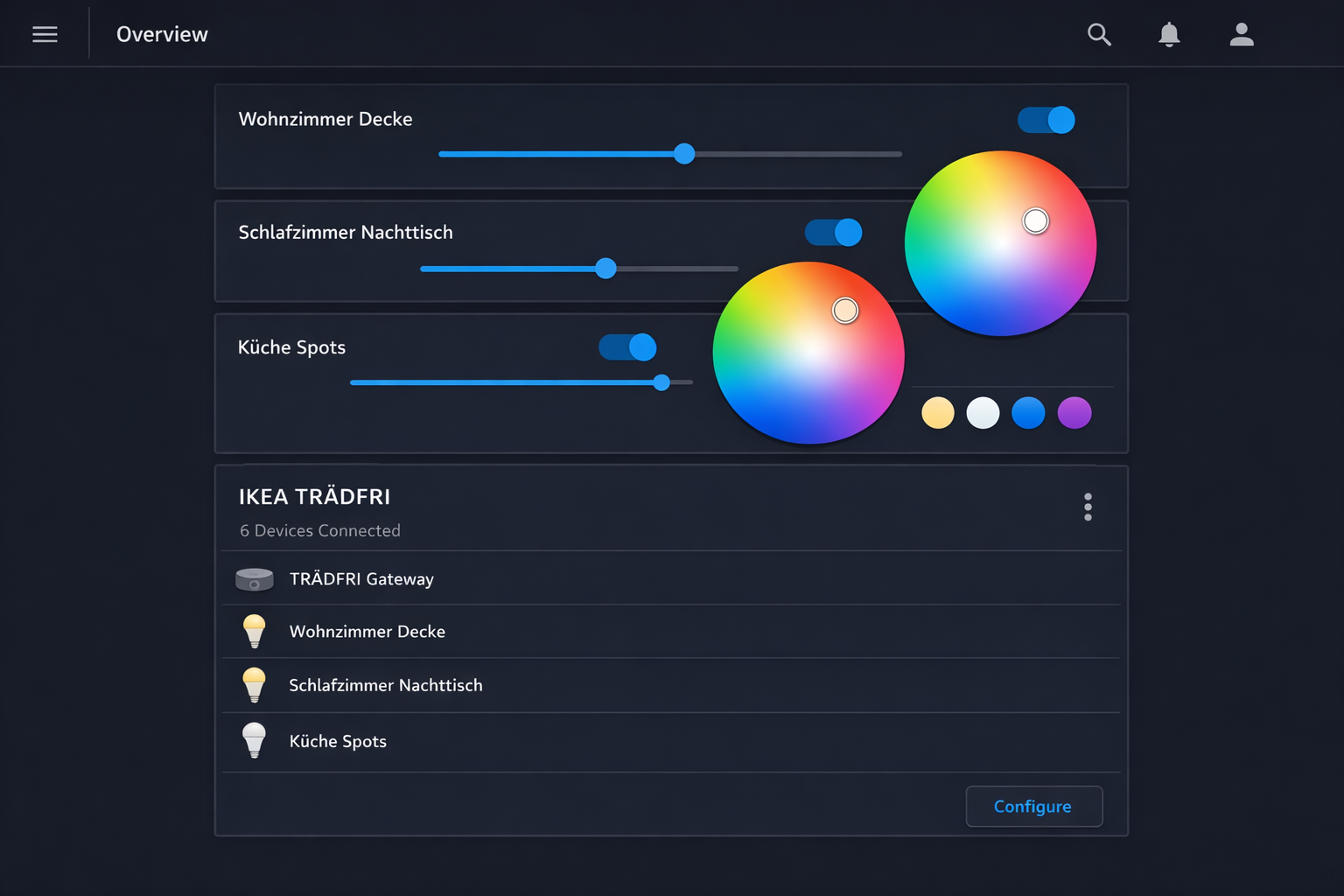 Home Assistant Dashboard mit IKEA TRÅDFRI Smart-Lampen Steuerung und Helligkeitsreglern