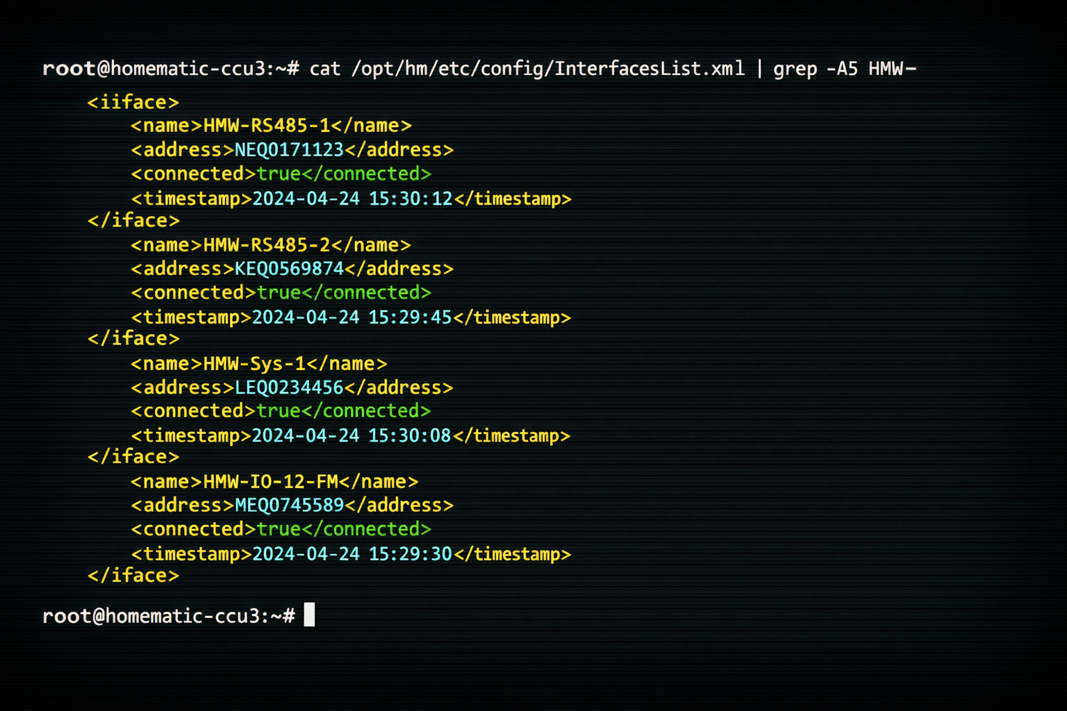 CCU Terminal zeigt XML-Status von Homematic Wired Geräten mit korrekter Bus-Verbindung