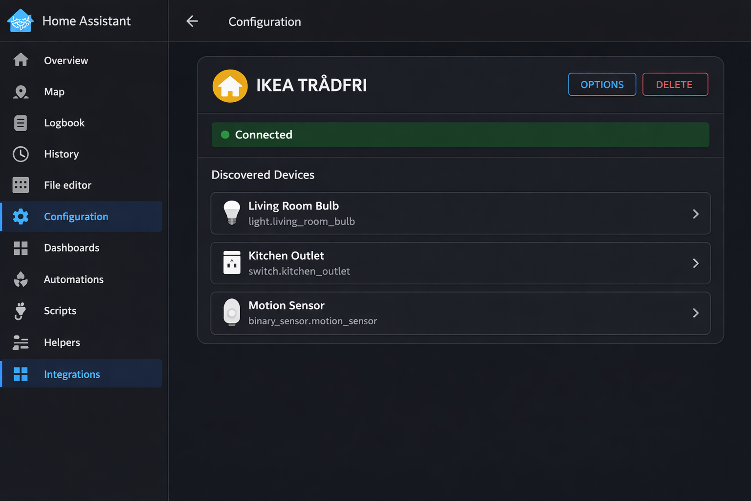 Home Assistant TRÅDFRI Integration Konfigurationsseite mit verbundenen Geräten