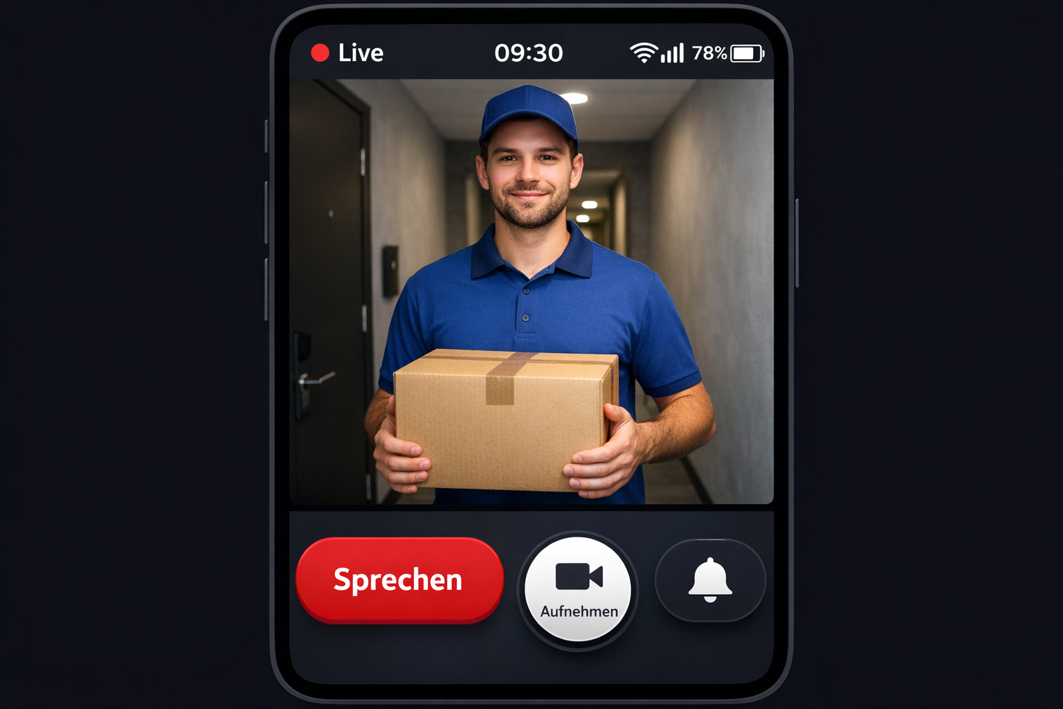 Video-Türklingel App Screenshot mit Live-Bild von Paketbote und Sprechen-Button
