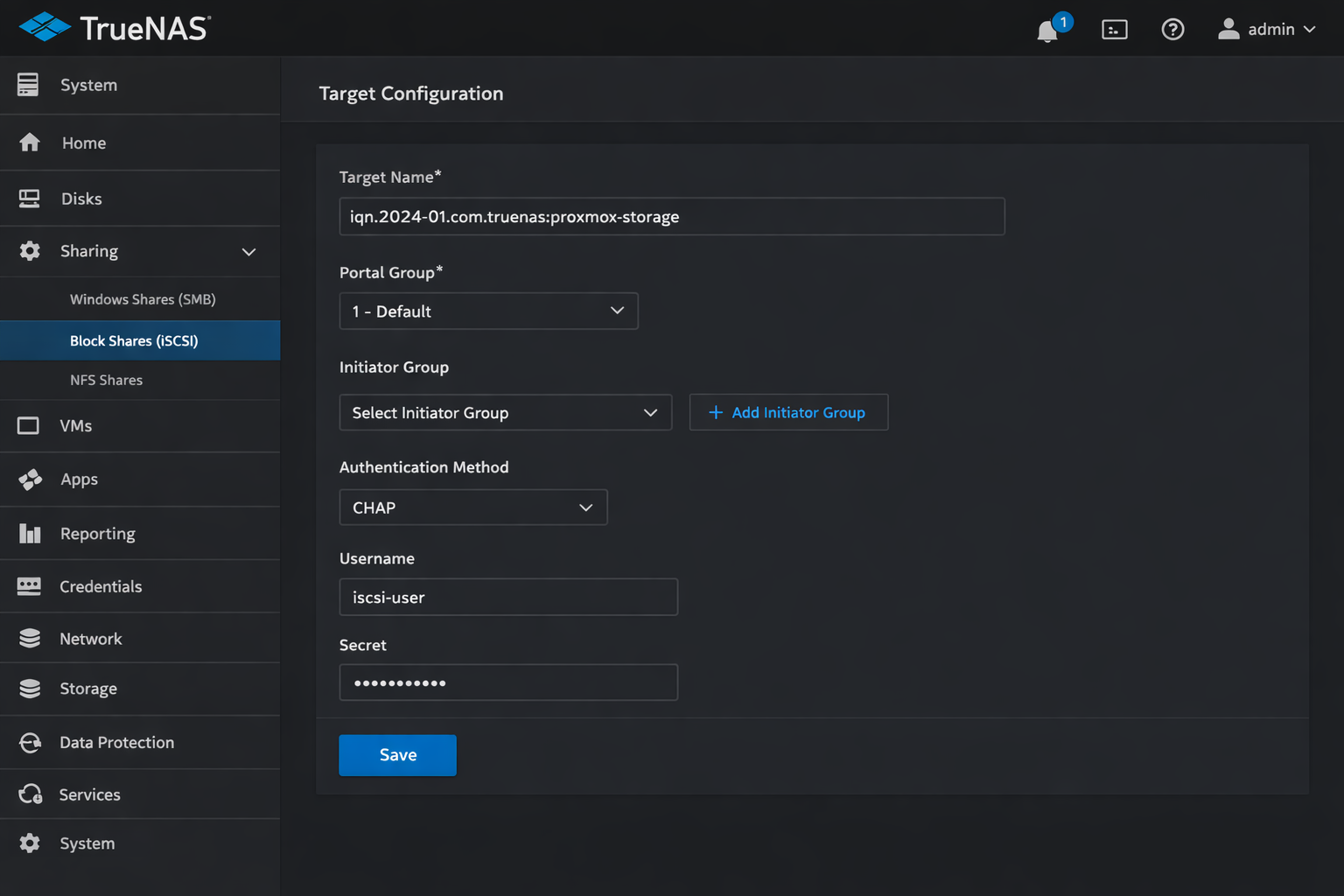 TrueNAS iSCSI Target Konfiguration WebUI - Block Shares Einstellungen für Proxmox Storage