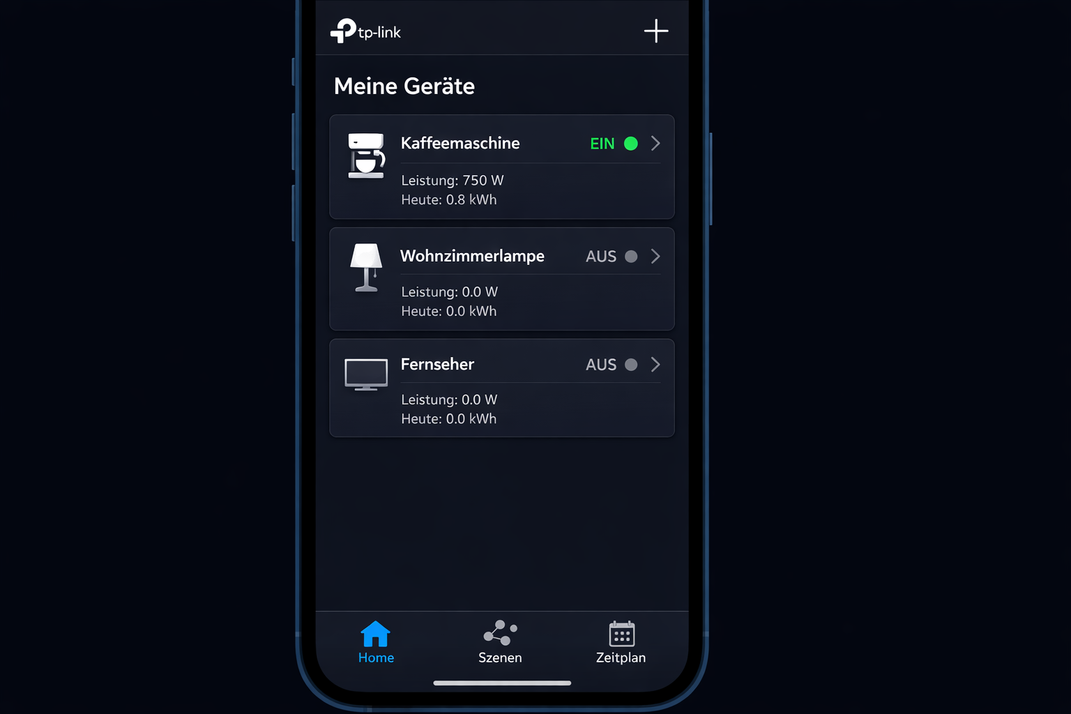 TP-Link Kasa App Screenshot mit Smart Steckdosen Geräteübersicht und Steuerung