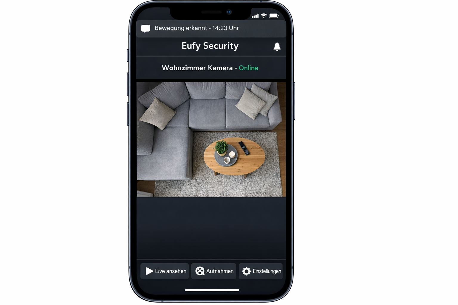 Eufy Security App Screenshot zeigt Live-Überwachung und Bewegungsmeldung auf Smartphone