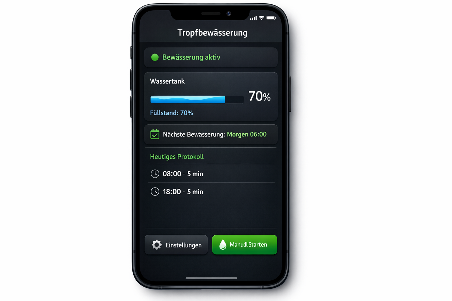 Smartphone App Interface für automatische Bewässerungssteuerung mit Zeitplan und Tankfüllstand