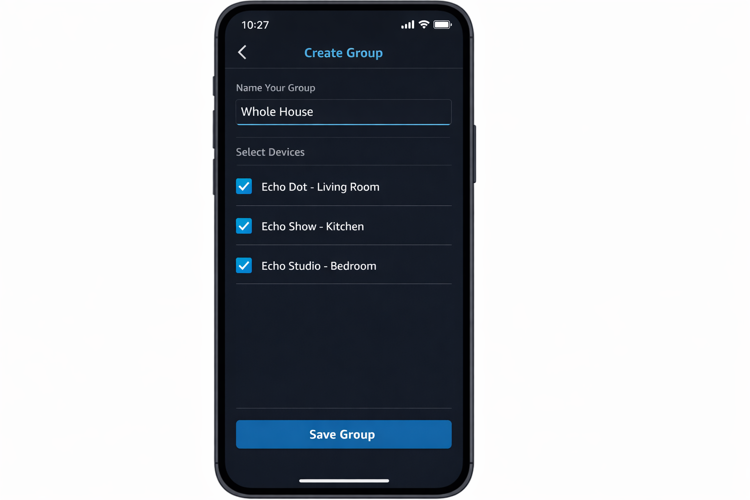 Alexa App Screenshot zeigt Erstellung einer Lautsprecher-Gruppe für Multi-Room Audio