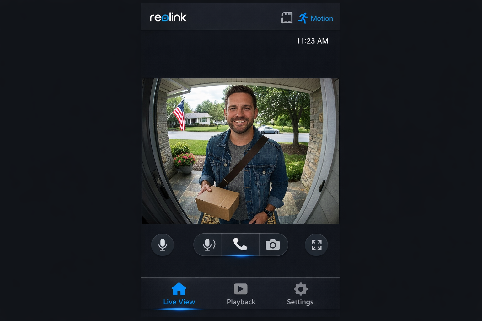 Reolink App Screenshot mit Live-Ansicht der Video-Türklingel ohne Cloud-Speicherung