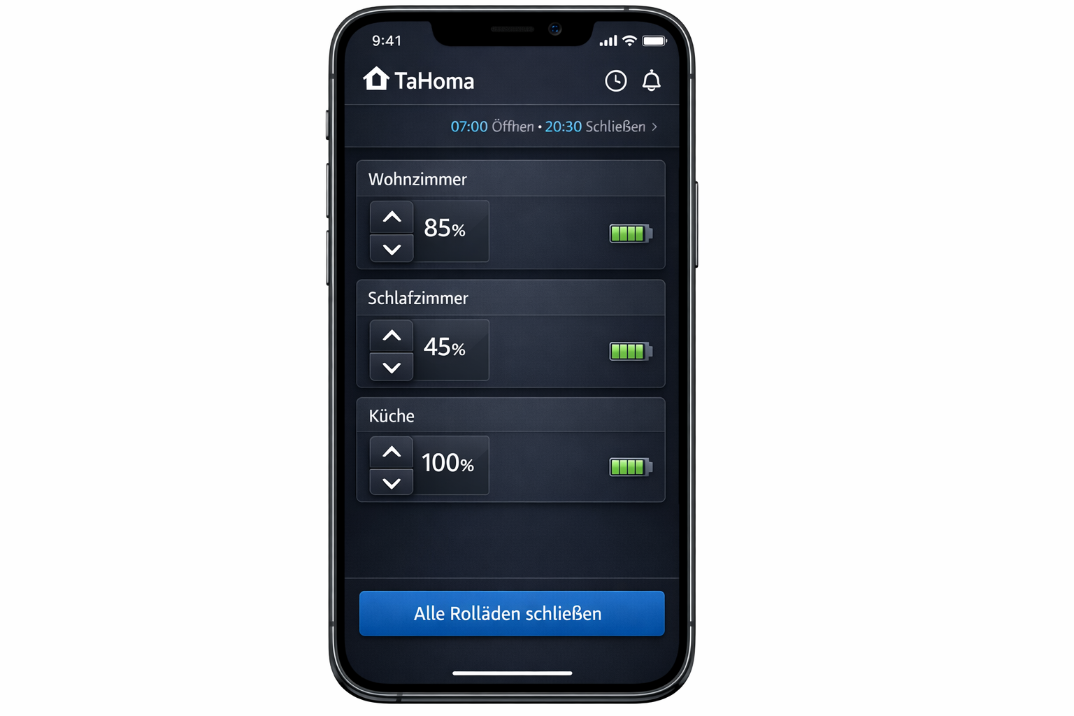 TaHoma Smart Home App Screenshot mit Rollläden-Steuerung für alle Räume und Zeitprogrammierung