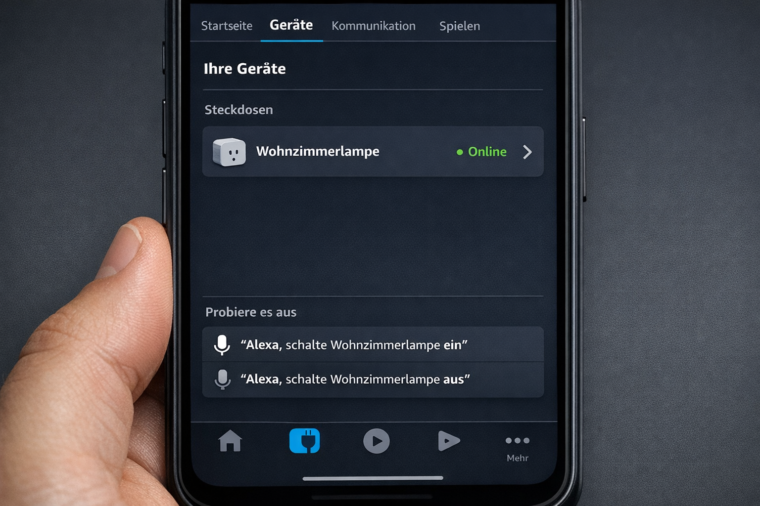 Alexa App Screenshot mit Smart Home Steckdose Konfiguration und Sprachbefehlen