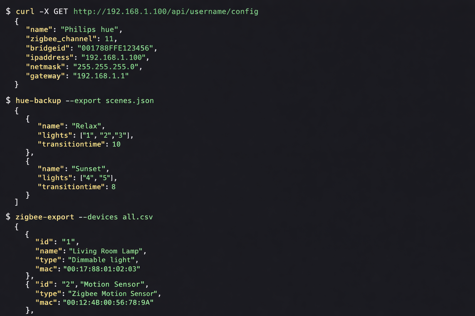 Terminal Screenshot mit Hue Bridge Backup Befehlen und JSON Konfigurationsdaten