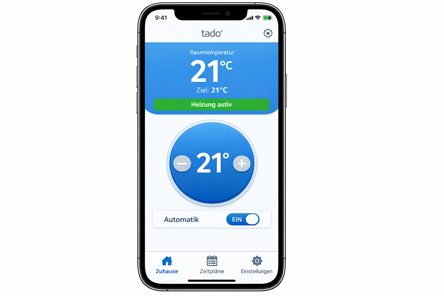 Tado Smart-Thermostat App Screenshot mit Temperatursteuerung und deutschen Menüs