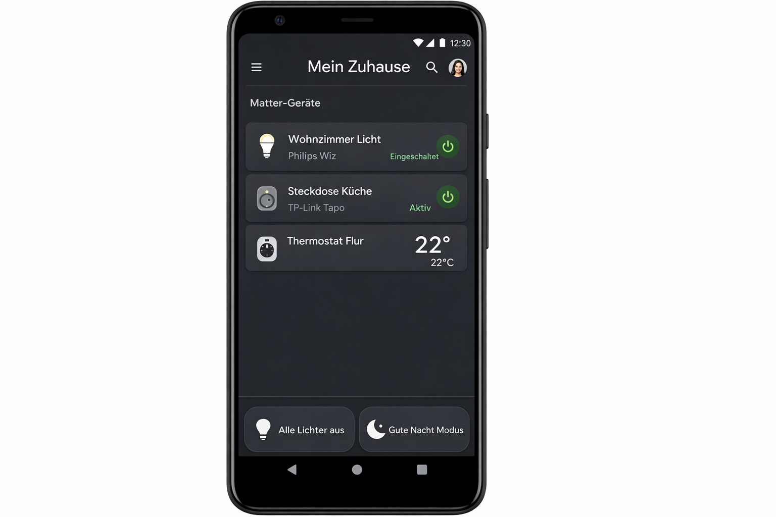 Google Home App zeigt Matter-Geräte ohne Hub - Wohnzimmer Licht und Steckdose Küche