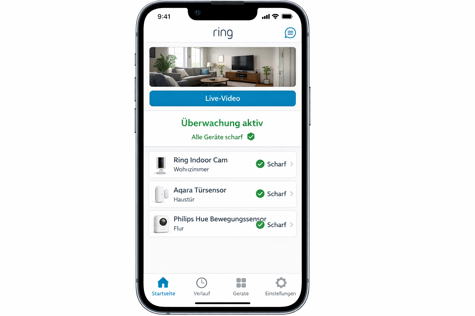 Ring App Screenshot mit aktivierter Überwachung und verbundenen Smart Home Geräten