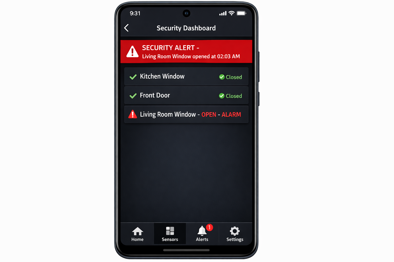 Smart Home App Benutzeroberfläche mit Fenster-Türsensor Status und Alarm-Benachrichtigung
