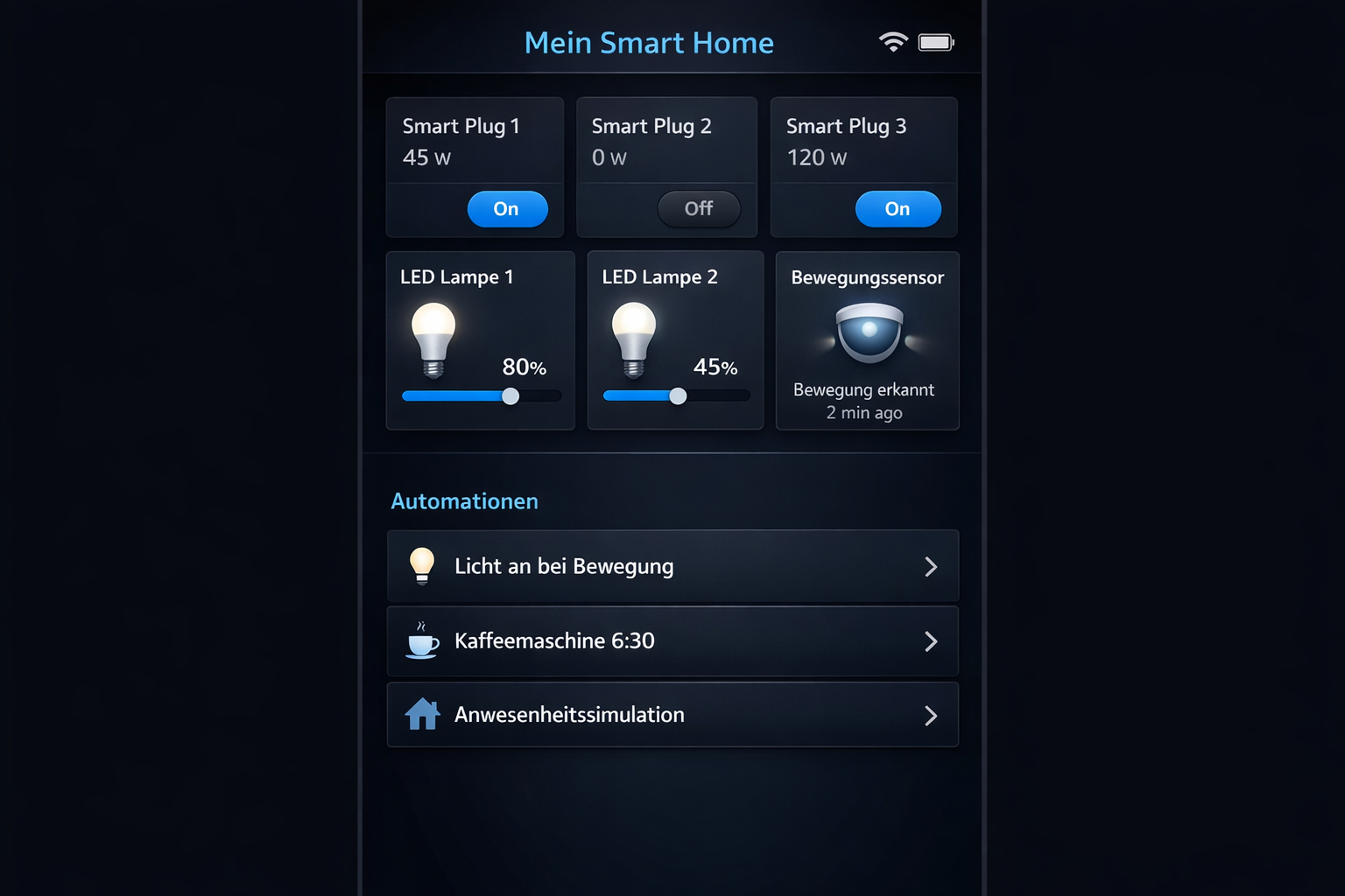 Smart Home App Screenshot mit Gerätesteuerung und Automatisierungsregeln