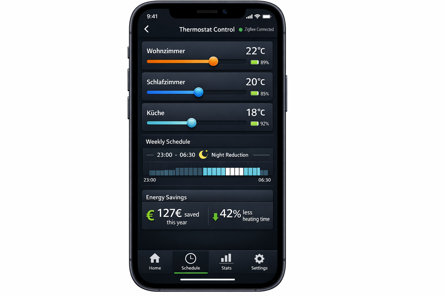 Smart Home Heizung App Interface mit Temperaturregelung und Energiespar-Statistiken