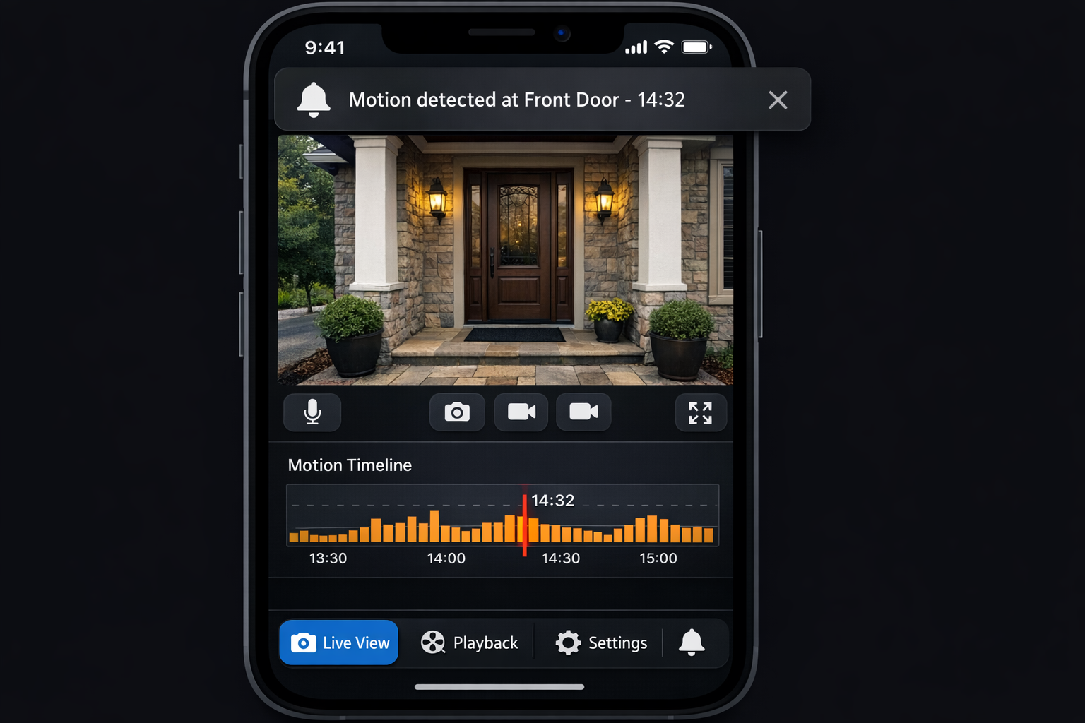 Überwachungskamera App Screenshot mit Live-Bild und Bewegungsmelder-Benachrichtigung