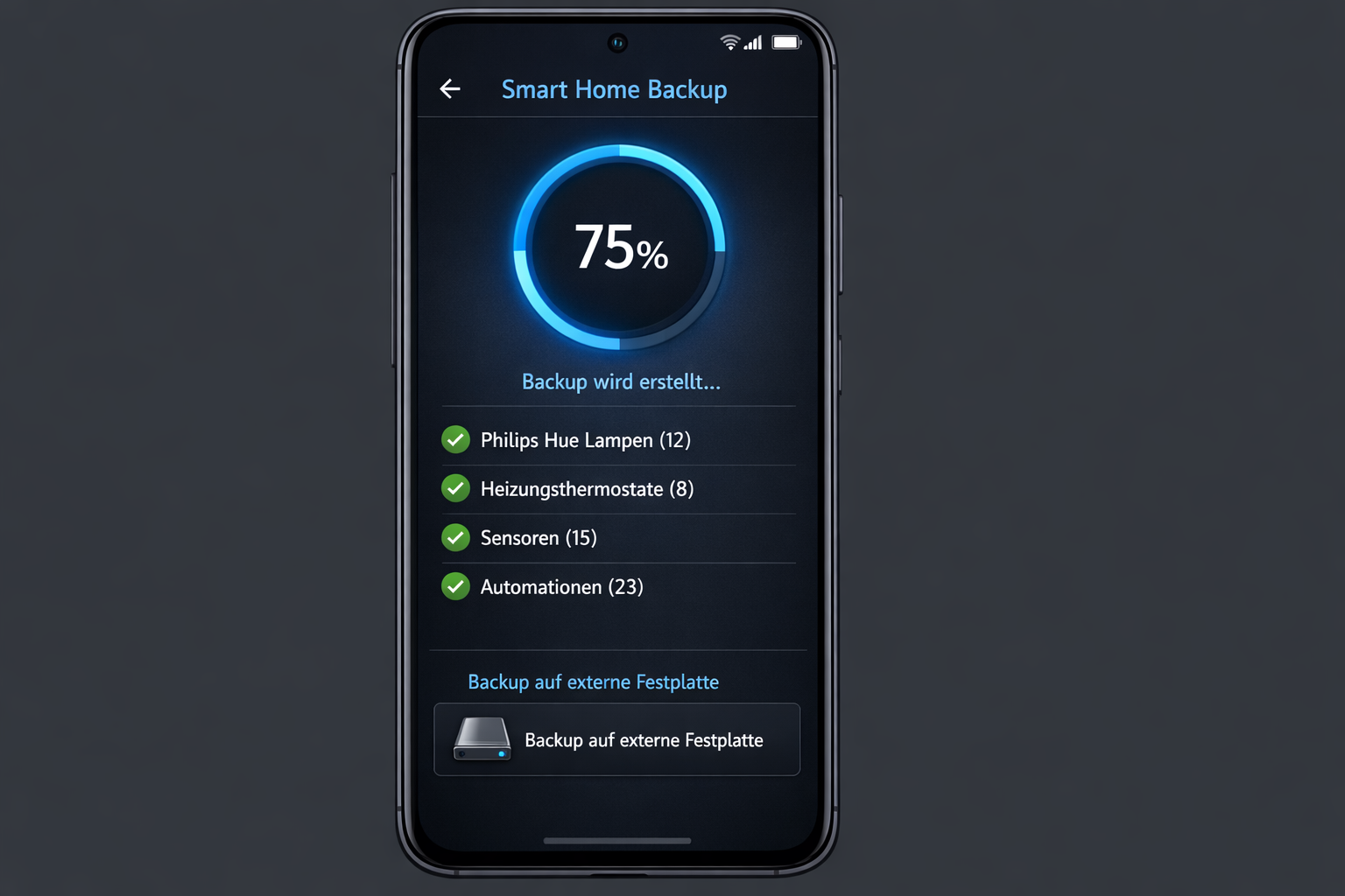 Smartphone App zeigt Smart Home Backup-Fortschritt mit Liste der gesicherten Geräte und Automationen