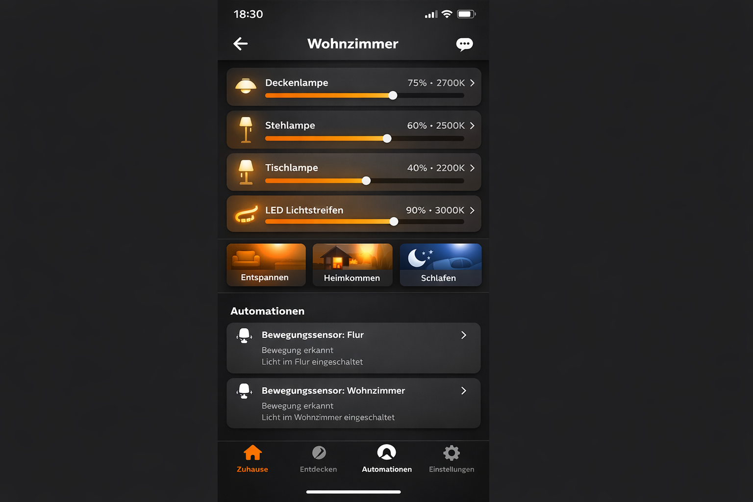 <strong><a href="https://www.awin1.com/pclick.php?p=43147979036&a=398485&m=11657" target="_blank" rel="nofollow sponsored noopener" class="affiliate-link affiliate-awin">Philips Hue App Angebot</a></strong> Screenshot mit Raumsteuerung und Automatisierungen für smartes Licht