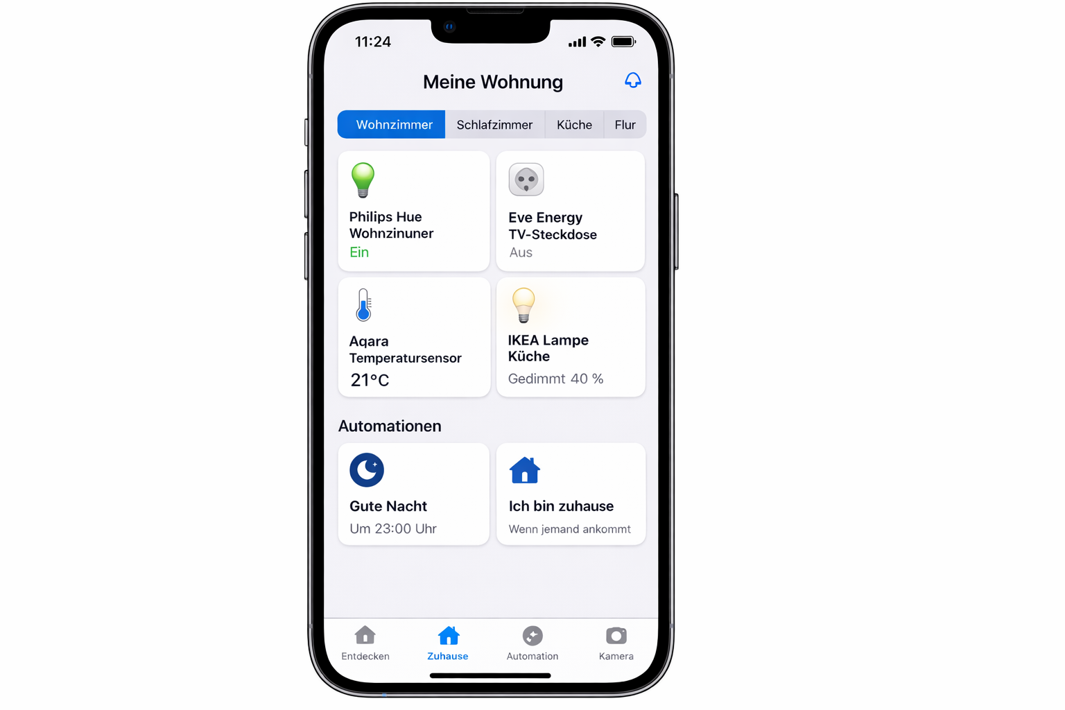 iPhone Home App Screenshot mit HomeKit Geräten in deutscher Mietwohnung