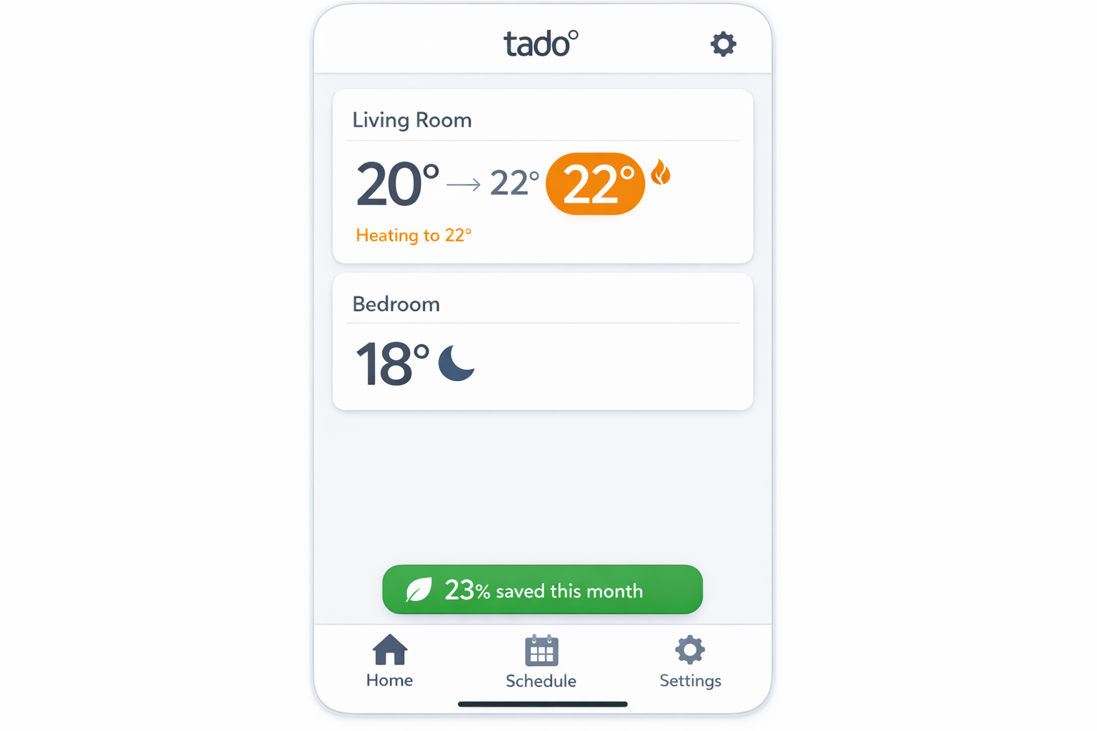 Tado Heizungs-App Screenshot mit Raumtemperatur-Übersicht und Energiespar-Anzeige