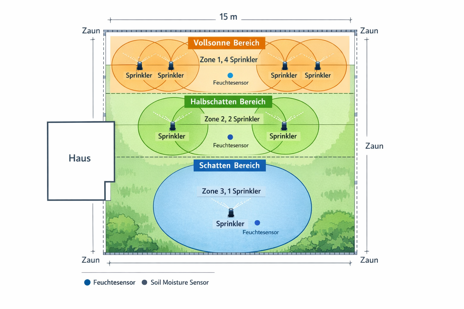 Garten-Bewässerungsplan mit verschiedenen Zonen für Sonne und Schatten-Bereiche