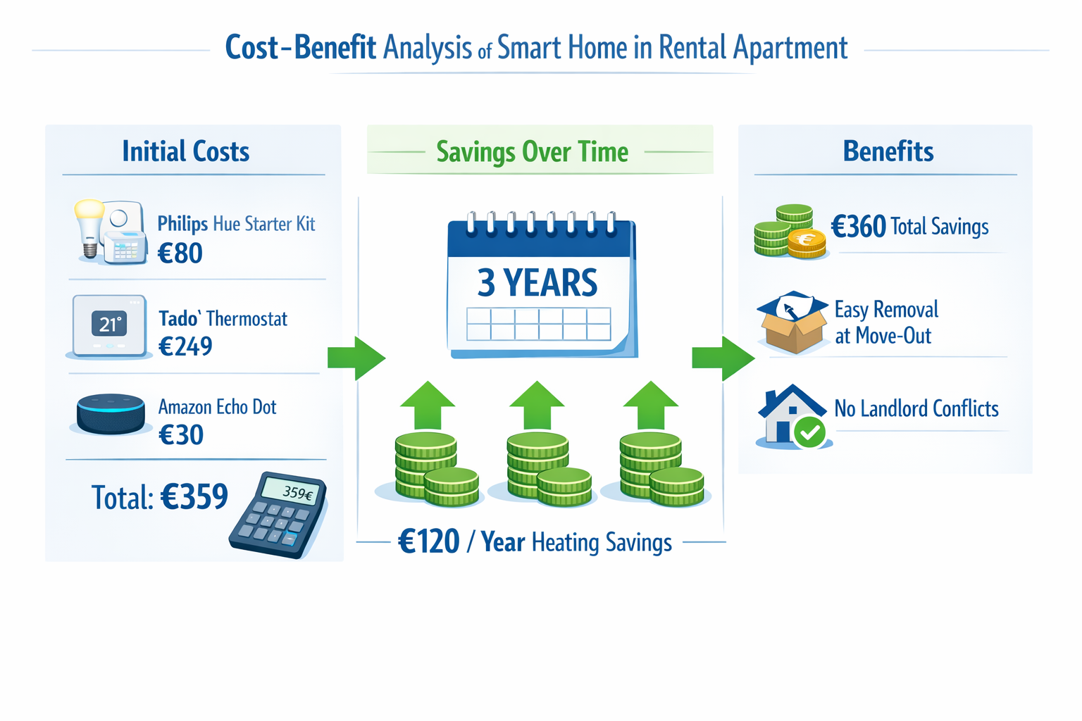 Kosten-Nutzen-Analyse Smart Home Mietwohnung - 3 Jahre Einsparungen vs. Anschaffungskosten